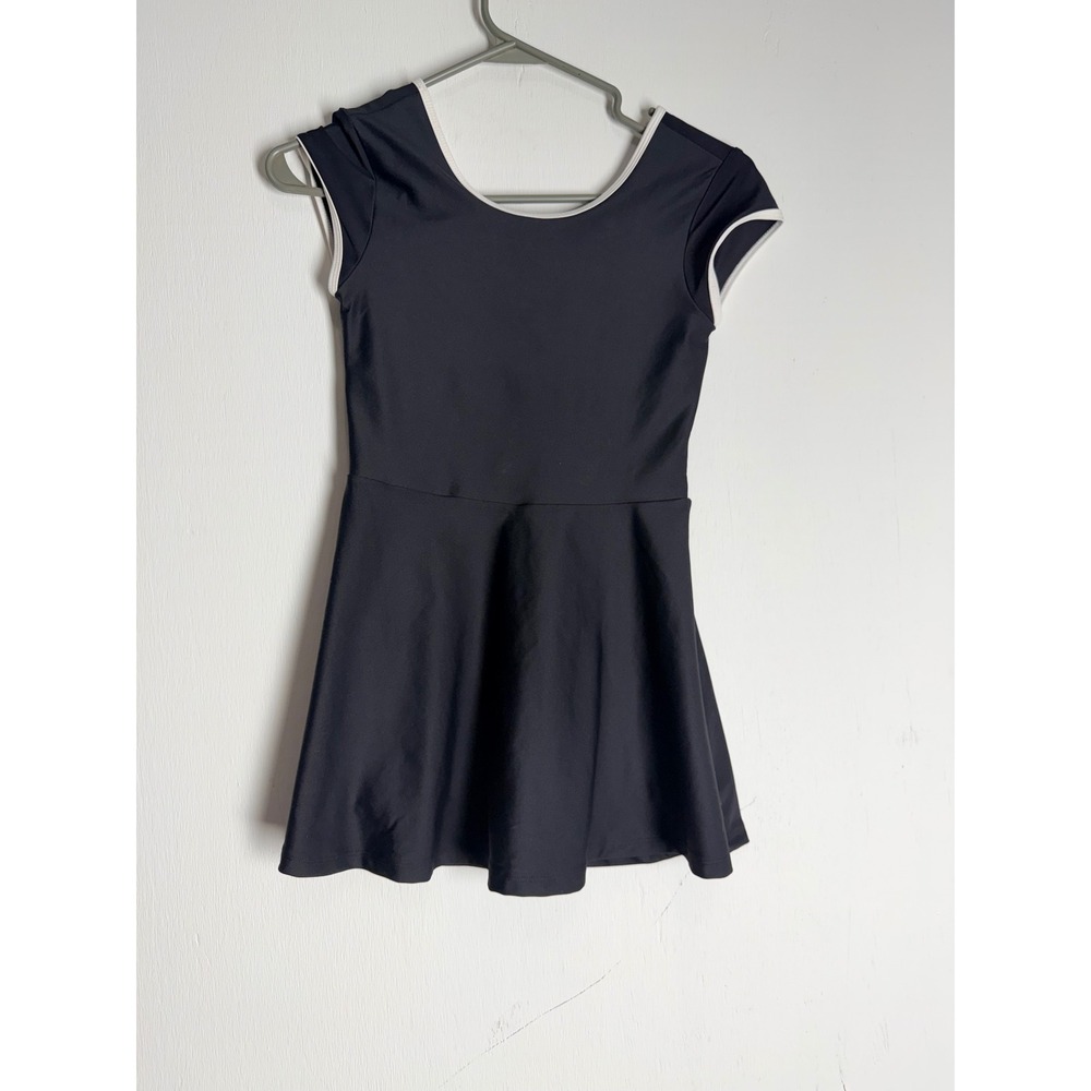Girls Black Strappy Back Dance Leotard Skater Dress White Trim Size L 10-12